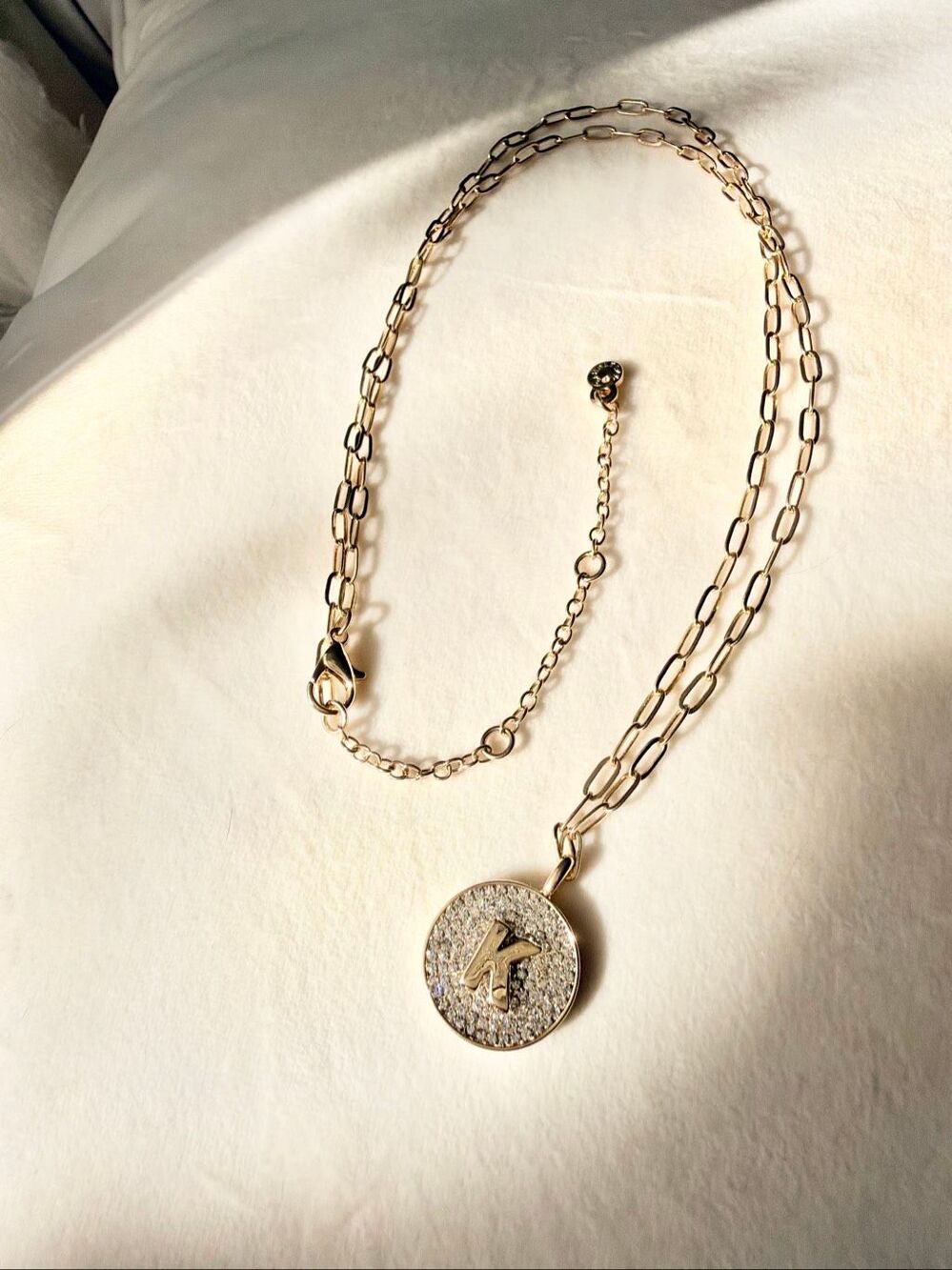 BaubleBar Crystal Initial K Medallion Gold Paperclip Chain Necklace